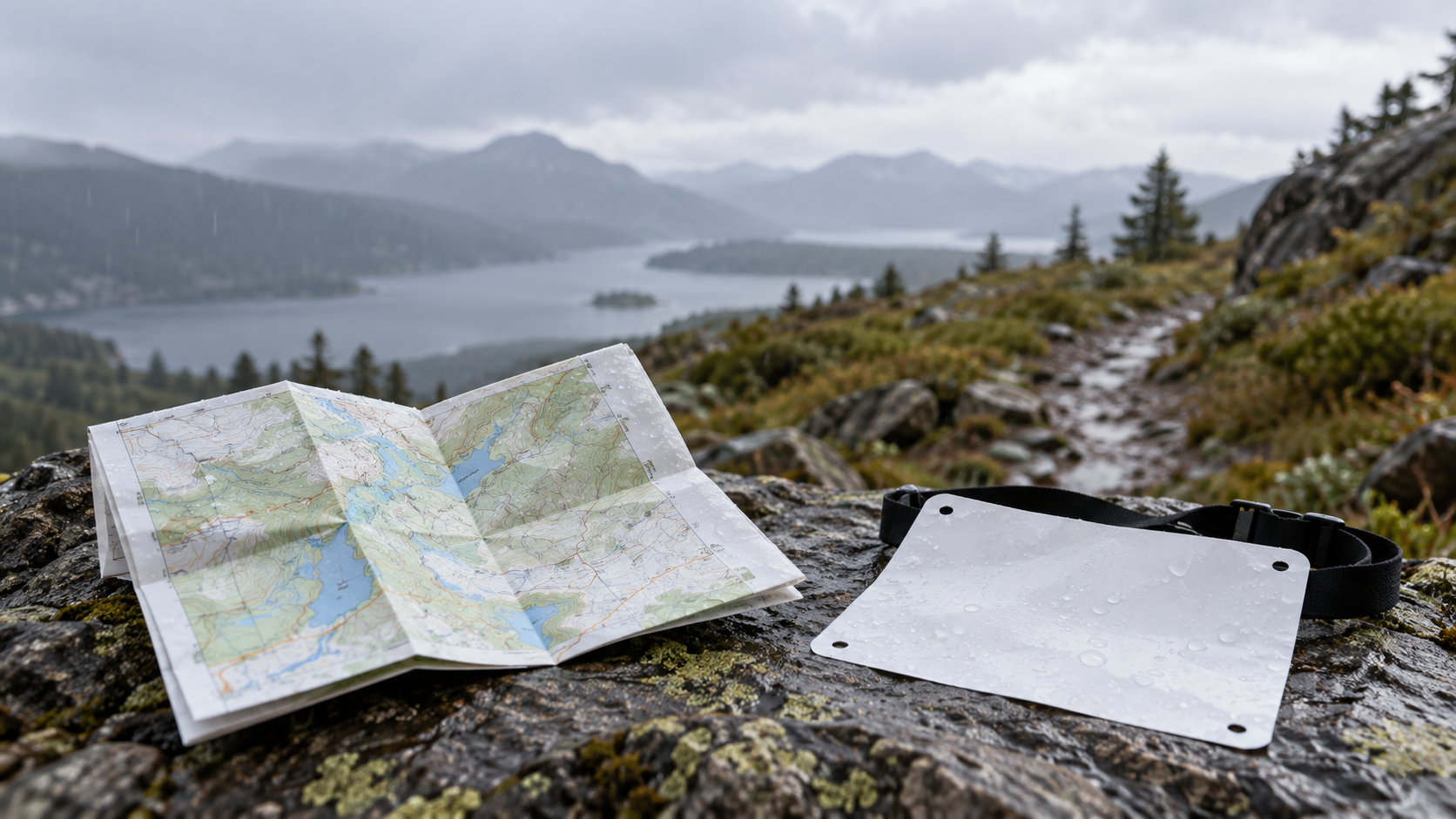 Mapa de orientación impreso en papel sintético impermeable bajo lluvia suave